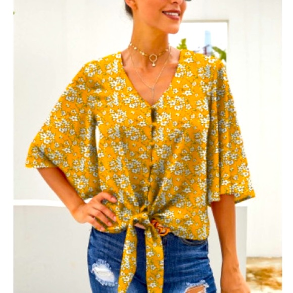Yellow Floral Tied Front Top - Picture 2 of 5